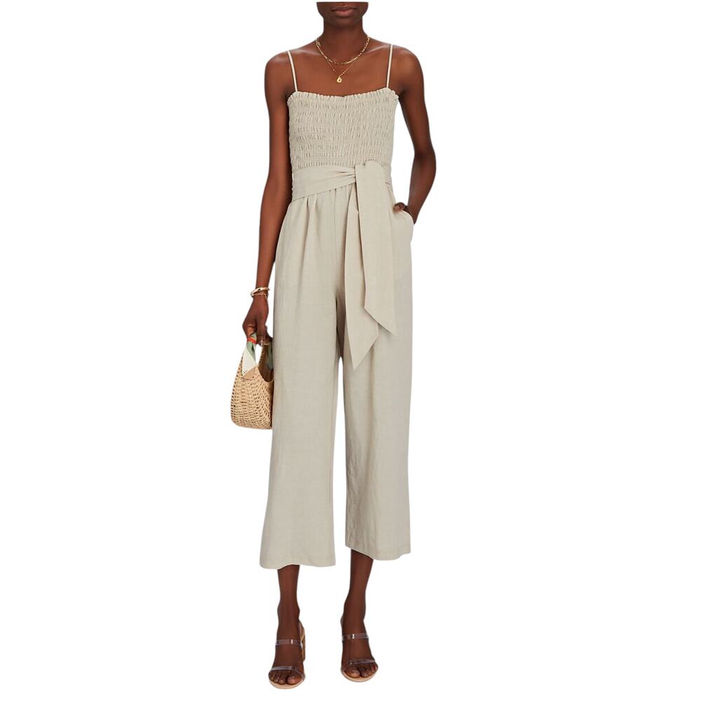 Intermix Beige Shoshanna Smocked Sleeveless Linen Jumpsuit